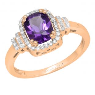 8X6 mm Cushion Amethyst and Round White Diamond Bridal Halo Engagement Ring 18K Rose Gold