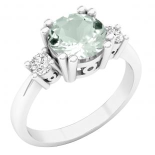7.5 mm Round Aquamarine & White Diamond Ladies 3 Stone Engagement Ring 10K White Gold