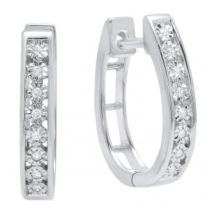 0.06 Carat (cttw) Round White Diamond Ladies Huggies Hoop Earrings Sterling Silver