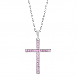 2.5 mm Round Pink Sapphire Ladies Religious Cross Pendant 14K White Gold