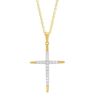 0.30 Carat (cttw) 10K Yellow Gold Round White Diamond Ladies Cross Pendant 1/3 CT (Gold Chain Included)