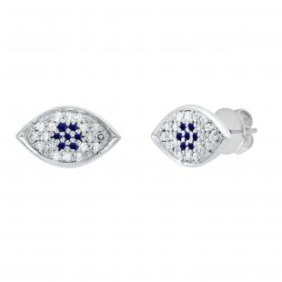 Round Blue Sapphire & White Diamond Ladies Eye Stud Earrings 10K White Gold