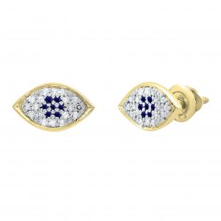 Round Blue Sapphire & White Diamond Ladies Eye Stud Earrings 14K Yellow Gold