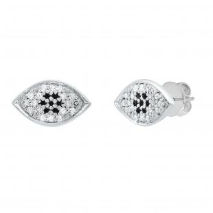 Round Blue Sapphire & White Diamond Ladies Eye Stud Earrings Sterling Silver
