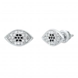 Round Blue Sapphire & White Diamond Ladies Eye Stud Earrings Sterling Silver