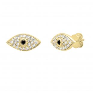 0.13 Carat (ctw) Round Black & White Diamond Evil Eye Stud Earrings 10K Yellow Gold