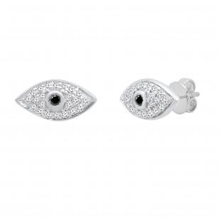 0.13 Carat (ctw) Round Black & White Diamond Evil Eye Stud Earrings Sterling Silver