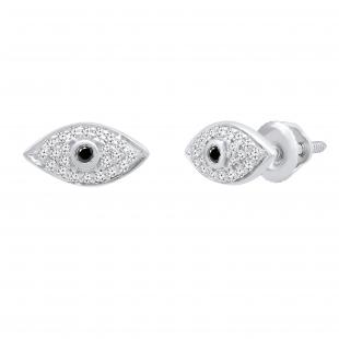 0.13 Carat (ctw) Round Black & White Diamond Evil Eye Stud Earrings Sterling Silver