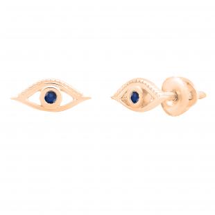 Round Blue Sapphire Evil Eye Solitaire Stud Earrings 10K Rose Gold