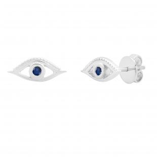 Round Blue Sapphire Evil Eye Solitaire Stud Earrings Sterling Silver