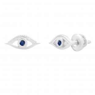 Round Blue Sapphire Evil Eye Solitaire Stud Earrings Sterling Silver