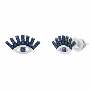 Round Blue Sapphire Ladies Eye Lashes Evil Stud Earrings, 10K White Gold