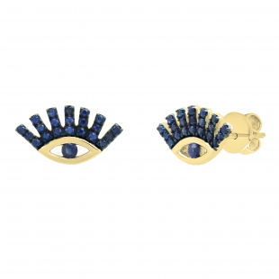 Round Blue Sapphire Ladies Eye Lashes Evil Stud Earrings, 14K Yellow Gold