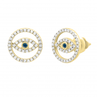 0.20 Carat (ctw) Round Blue & White Diamond Ladies Evil Eye Stud Earrings 1/5 CT 18K Yellow Gold