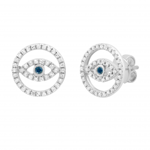 0.20 Carat (ctw) Round Blue & White Diamond Ladies Evil Eye Stud Earrings 1/5 CT Sterling Silver