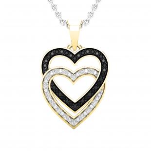 0.10 Carat (ctw) Round Black & White Diamond Ladies Double Heart Pendant 1/10 CT 10K Yellow Gold