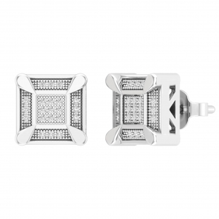 0.14 Carat (ctw) Round White Diamond Mens Square Cluster Stud Earrings Sterling Silver