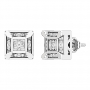 0.14 Carat (ctw) Round White Diamond Mens Square Cluster Stud Earrings Sterling Silver