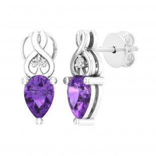 6X4 mm Each Pear Amethyst & Round White Diamond Ladies Infinity Stud Earrings Sterling Silver