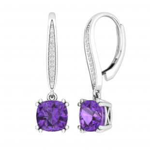 7 MM Cushion Amethyst & Round White Diamond Ladies Dangling Drop Earrings, 10K White Gold