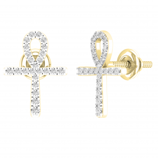 0.25 Carat (ctw) Round White Diamond Ladies Ankh Cross Stud Earrings 1/4 CT 14K Yellow Gold