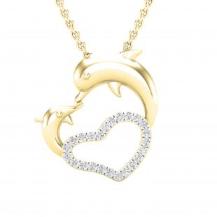 0.15 Carat (ctw) Round Diamond Ladies Dolphin Heart Pendant (Gold Chain Included) 14K Yellow Gold