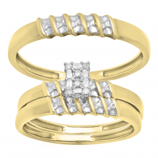 Round & Baguette Diamond Rectangle Frame Matching Wedding Trio Ring Set for Him & Her (0.10 ctw, Color I-J, Clarity I2-I3) in 10K Yellow Gold