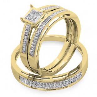 0.18 Carat (ctw) Round Diamond Ladies & Mens His Hers Bridal Engagement Ring Trio Set Band 18K Yellow Gold