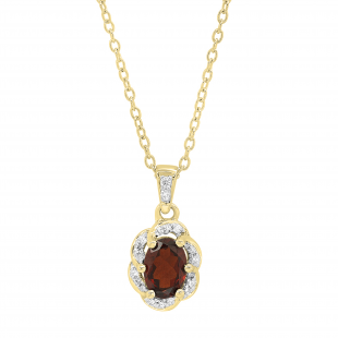 7X5 MM Oval Garnet & Round Diamond Ladies Halo Pendant (Gold Chain Included), 10K Yellow Gold