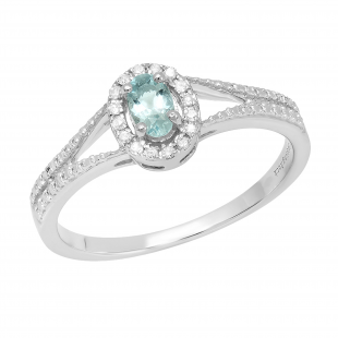 5X3 MM Oval Aquamarine & Round Diamond Ladies Halo Split Shank Engagement Ring, Sterling Silver