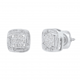 0.05 Carat (ctw) Round White Diamond Ladies Cushion Frame Knot Stud Earrings Sterling Silver
