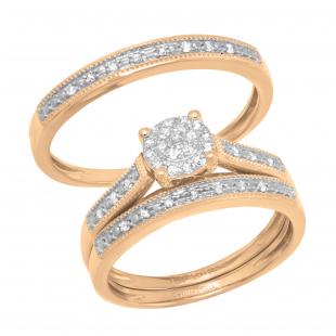 0.25 Carat (ctw) Round White Diamond Men & Womens Cluster Ring Trio Set 1/4 CT 18K Rose Gold