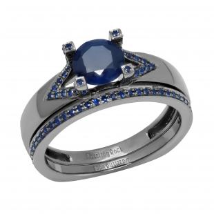Black Rhodium Plated Round Blue Sapphire Ladies Bridal Engagement Ring Set 18K White Gold