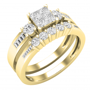 0.95 Carat (ctw) Princess Round & Baguette Diamond Ladies Engagement Ring Set 1 CT 18K Yellow Gold