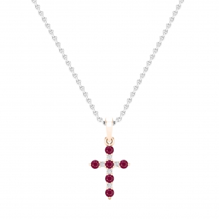 Round Ruby & White Diamond Ladies Cross Pendant (Silver Chain Included), 10K Rose Gold