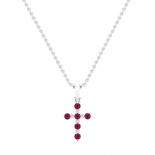Round Ruby & White Diamond Ladies Cross Pendant (Gold Chain Included), 10K White Gold