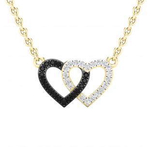 0.10 Carat (ctw) Round Black & White Diamond Ladies Double Heart Pendat 1/10 CT 18K Yellow Gold