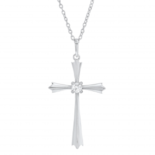 0.15 Carat (ctw) Round White Diamond Ladies Solitaire Flared Arms Cross Pendant Sterling Silver