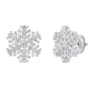 0.35 Carat (cttw) Round White Diamond Ladies Snowflake Snow Mark Stud Earrings 1/3 CT Sterling Silver