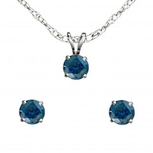 0.25 Carat (ctw) Round Blue Diamond Ladies Stud Earring & Pendant Set 1/4 CT 10K White Gold