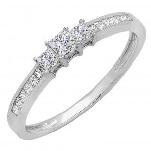 0.45 Carat (ctw) Princess White Diamond Ladies 3 Stone Engagement Ring 1/2 CT 18K White Gold