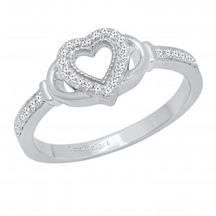 Round White Diamond Heart Framed Promise Ring for Women (0.15 ctw, Color I-J, Clarity I2-I3) 925 Sterling Silver