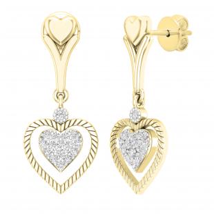 0.20 Carat (cttw) Round White Diamond Ladies Heart Shape Dangle Earrings 1/5 CT 10K Yellow Gold