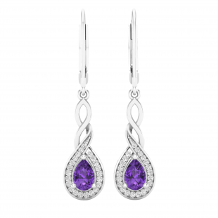 6X4 mm Each Pear Amethyst & Round White Diamond Ladies Infinity Swirl Halo Style Dangling Drop Earrings, Sterling Silver