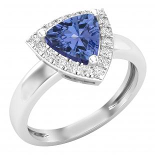 7 MM Trillion Tanzanite & Round White Sapphire Ladies Halo Style Engagement Ring Sterling Silver