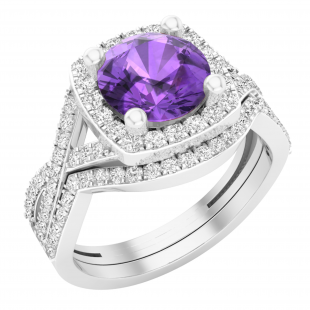 8 mm Round Amethyst & White Cubic Zirconia Ladies Split Shank Halo Wedding Ring Set, 10K White Gold