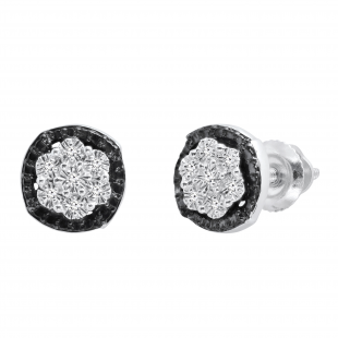 0.03 Carat (ctw) Round Black and White Diamond Ladies Cluster Style Stud Earrings Sterling Silver