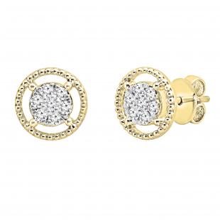 0.10 Carat (ctw) Round White Diamond Ladies Flower Cluster Stud Earring 1/10 CT 18K Yellow Gold