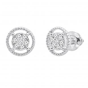 0.10 Carat (ctw) Round White Diamond Ladies Flower Cluster Stud Earring 1/10 CT Sterling Silver