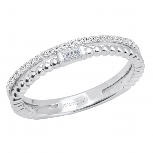 0.13 Carat (ctw) Round & Baguette White Diamond Ladies Beaded Engagement Ring Sterling Silver
